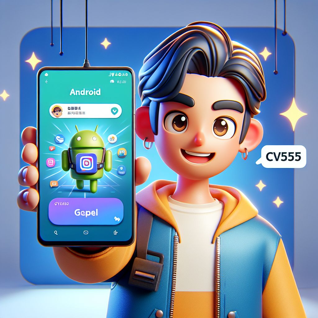 cv555 app themed cartoon character using an Android phone with bright gaming elements