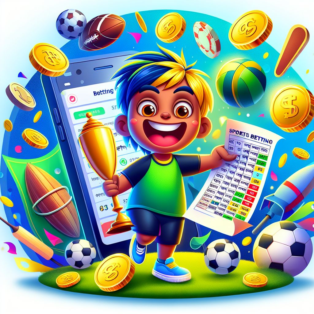 cv555 Bet cartoon sports character with betting slips and coins