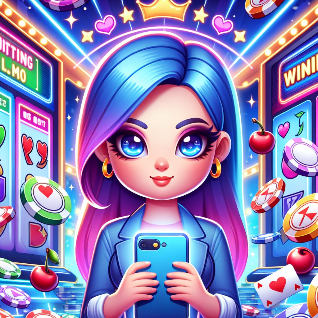 cv555 casino cartoon character with chips, cards, and bright mobile gaming elements