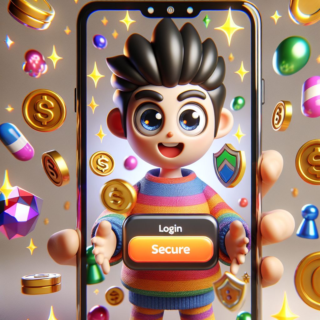 cv555 themed cartoon character using a mobile phone to log in with coins and secure symbols