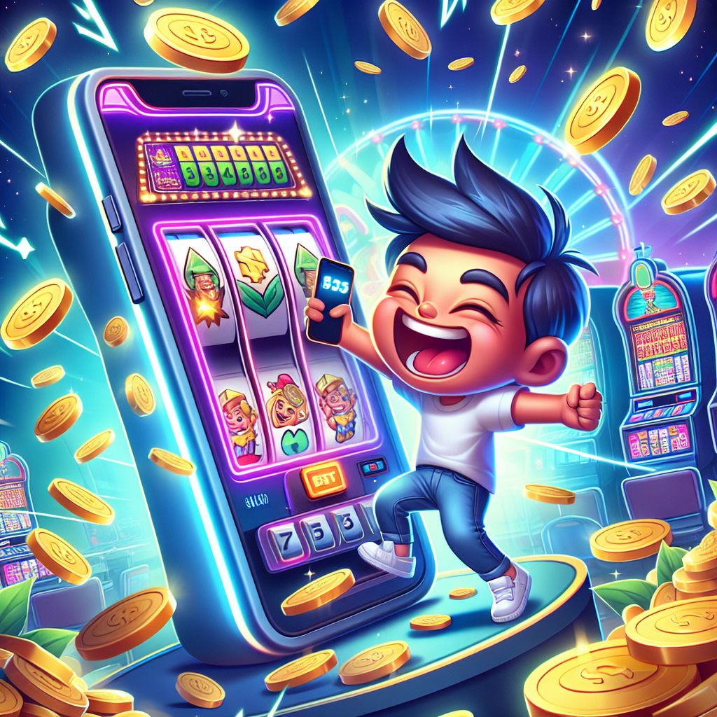 cv555 themed cartoon slot character with coins and mobile gaming elements
